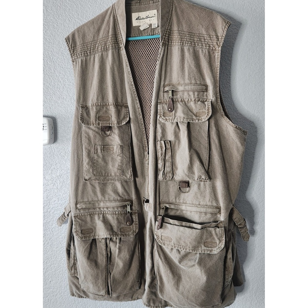 Vtg Eddie Bauer Safari Fishing Vest Mens XL Tall Khaki 90s Cargo Gorpcore